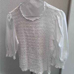 Veronica Beard White Langston Smocked Blouse